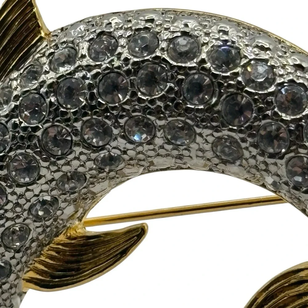 Vtg Dolphin Brooch Pin By P.‎ S. Co. Rhinestone Gold Tone Y2K Dated 2000 Ocean